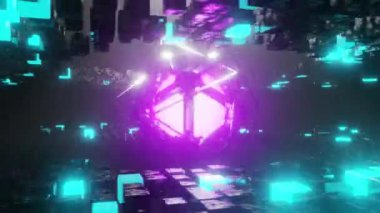 3D animasyon çok boyutlu nesne parlayan mor renkli daireler çizerek ve karanlık arkaplana karşı neon ışıklı bilim kurgu binaları içinde