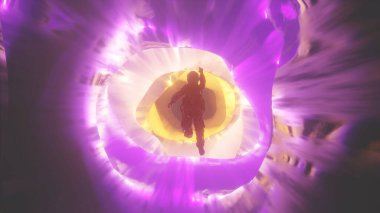 Umutsuz anonim kişinin üç boyutlu görüntüsü yardım için elini gösteriyor. Aydınlatılmış renkli tünel, arkaplan