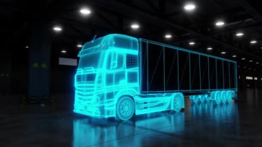 Işıl ışıl parlayan mavi bilim kurgu kamyonunun üç boyutlu animasyon döngüsü aydınlık karanlık lojistik merkezine park edilmiş ve yerde yansımalar var.