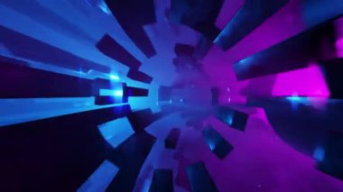 Parlayan neon renkli ışıkları olan 3D animasyon döngüsü karanlık arka plana karşı sonsuz tünelden geçiyor