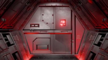 Kırmızı neon ışıkları ve 3D animasyon döngüsü olan geleceksel bir uzay aracı kapısı.