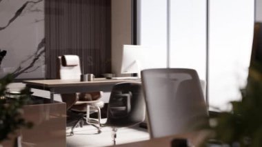 Masaüstü bilgisayar monitörlü modern ofisin 3 boyutlu görüntüsü. Aydınlatılmış çalışma alanı.