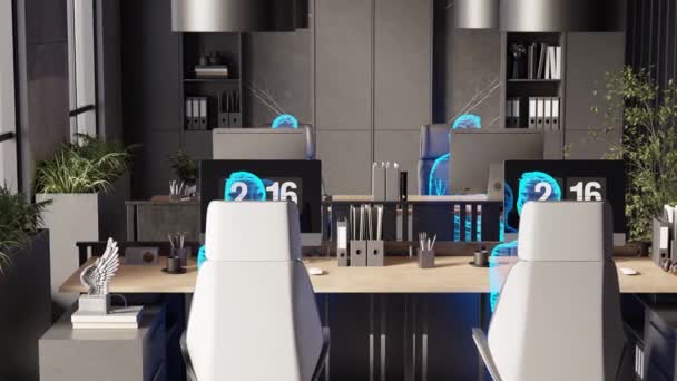Oficina Moderna Futurista Con Muebles Habitación Espaciosa Mientras Hologramas Humanos — Vídeo de stock
