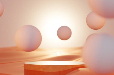 3D ürün sunumu için sahnelenen, parlak podyum, sıcak güneşin altında turuncu zemin üzerinde aydınlatılmış ışığa karşı gerçeküstü çöl tasvir eden dalgalı kurdeleler.