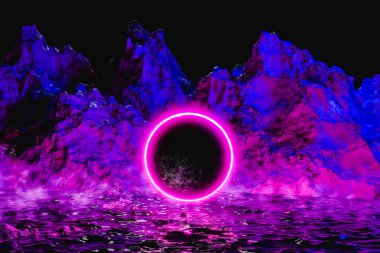 Karanlık gökyüzüne karşı dalgalı dalgalı dalgalı ve parlayan suyun üzerine odaklanan neon dairesi gezegeni yansıtırken gerçeküstü mavi, keskin dağ tepelerinin 3D çizimi