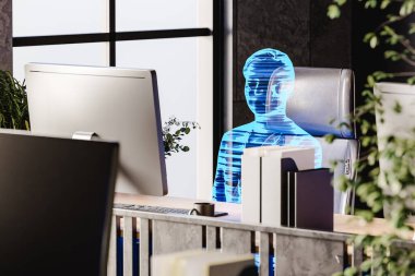 Masadaki sandalyelerde oturan ve cam duvarlı pencerelere karşı birlikte çalışan insan hologramları varken, müstakbel modern ofis. 3d hazırlayıcı