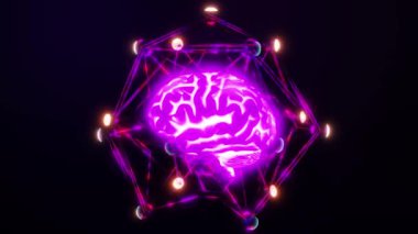 Nöronlarla kaplı, parlak mor insan beyninin 3 boyutlu animasyonu siyah arkaplana karşı fütüristik bilgisayar görevi görüyor.