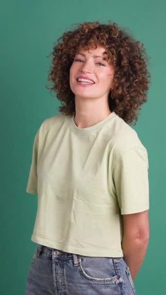 Laughing Young Curly Haired Female Makeup Full Sleeves Neck Top — Stock Video