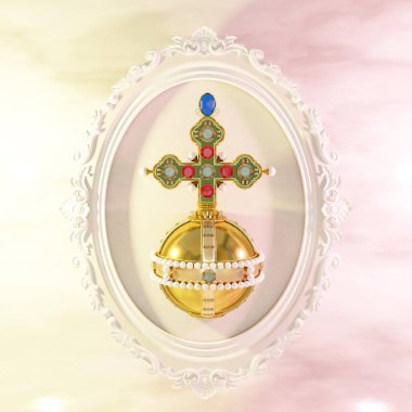 Illustration of golden globus cruciger inside oval shaped ornamental frame against pink and yellow background Christian symbol of authority. 3d render clipart