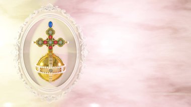 Illustration of golden globus cruciger inside oval shaped ornamental frame against pink and yellow background Christian symbol of authority. 3d render clipart