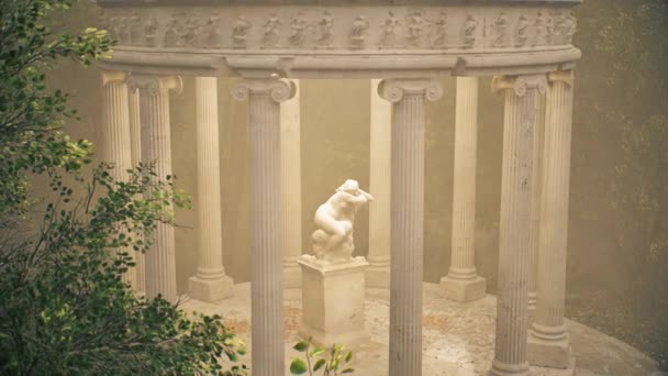 Oude Romeinse Boogconstructie Met Zuilen Naakte Zittende Vrouwelijke Marmeren Standbeeld — Stockvideo