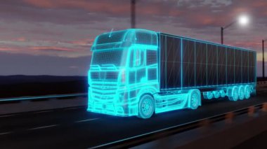 3D fütüristik kamyonun mavi neon ışıklarda faytonu ve sokak lambalarının altında korkuluklarla yol üstünde sürüşü. Döngü canlandırması