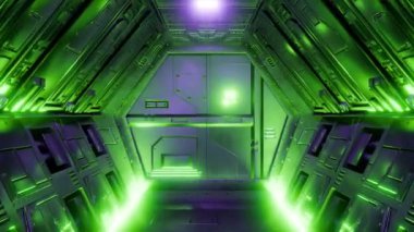 Yeşil neon ışıkları ve 3D animasyon döngüsü olan fütürist bir uzay aracı kapısı.