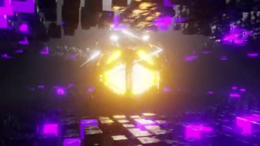 Uzayda dönen altıgen içinde parlayan neon kürenin 3 boyutlu animasyonu uzayda dönen. Bilim-Kurgu animasyon döngüsü video tasarımı arkaplanı.