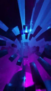 Parlayan neon renkli ışıkları olan 3D animasyon döngüsü karanlık arka plana karşı sonsuz tünelden geçiyor