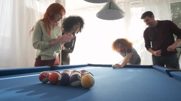 Excited Diverse Female Friends Applauding Man Breaking Racked Pool Balls — Stockvideo