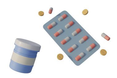 Beyaz arka planda izole edilmiş su toplayıcı paketlerinde 3 boyutlu ilaç şişesi ve kapsüllerinin oluşturulması