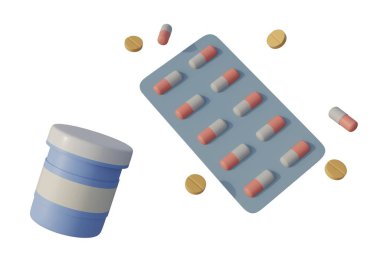 Beyaz arka planda izole edilmiş su toplayıcı paketlerinde 3 boyutlu ilaç şişesi ve kapsüllerinin oluşturulması