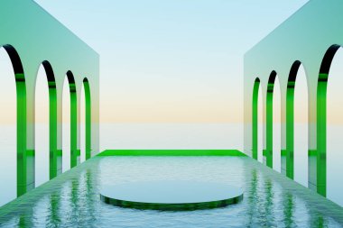 Ürün sunumunun 3d sunumu gerçeküstü yansıyan su yüzeyinin bulutsuz mavi gökyüzü ve deniz suyuna karşı kavisli duvarlarıyla gerçeküstü bir görüntüsüyle ayakta duruyor