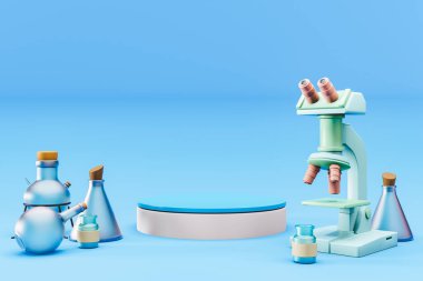 Bilimsel mikroskobun 3 boyutlu yorumlanması. Mavi arka plandaki kaideyi çevreleyen çeşitli mataralar.