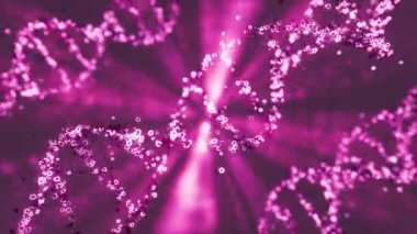 Parlak pembe DNA sarmalında parlayan ışığın 3 boyutlu yansıması bulanık arkaplana karşı döngü içinde hareket ediyor