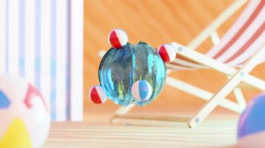 Güverte sandalyesinin yanındaki su küresi üzerinde dönen küçük plaj toplarının 3 boyutlu tatmin edici animasyonu plaj tatilini temsil ediyor.