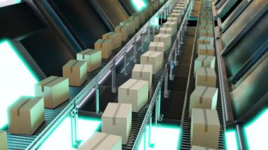 Taşıma sistemindeki karton kutuların 3 boyutlu animasyon döngüsü aydınlık gelecekteki fabrikadaki depoya mal getiriyor.