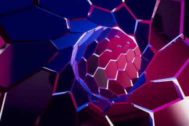 Soyut arkaplan neon tünelinin fütüristik tasarımı ve dijital deneyimleri temsil eden üç boyutlu görüntüsü