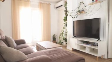 Gündüz vakti modern dairenin rahat oturma odasında rahat bir kanepe ve televizyon.