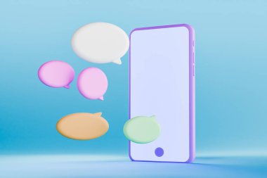 Yüzen renkli sohbet baloncuklarıyla akıllı telefonun üç boyutlu karikatürü çevrimiçi konuşma ve tartışma kavramlarını vurgulayan popüler sosyal medya sohbet uygulamasını somutlaştırır