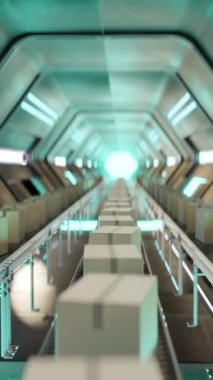 Taşıma sistemindeki karton kutuların 3 boyutlu animasyon döngüsü aydınlık gelecekteki fabrikadaki depoya mal getiriyor.