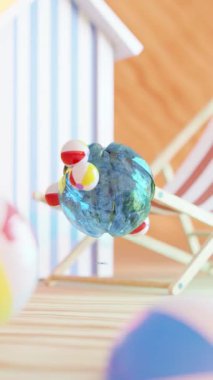 Güverte sandalyesinin yanındaki su küresi üzerinde dönen küçük plaj toplarının 3 boyutlu tatmin edici animasyonu plaj tatilini temsil ediyor.