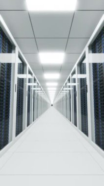 Slow motion of modern light server room with long corridor between server racks locked behind glass doors. Infinite loop