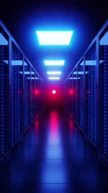 Row of server racks behind glass doors in modern data center illuminated with blue neon lights with red lamp in center. Virus infection concept. 3d render
