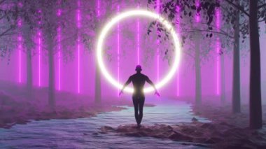 Ormanda ağaçların arasından akan, nehrin yanında parlayan bir ışık halkası ile, tanınamayan bir insanın 3 boyutlu görüntüsü. Bilim kurgu sahnesi
