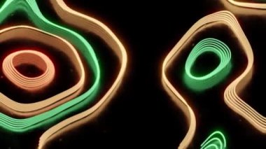 Neon çizgilerin üç boyutlu döngüsü etrafta hareket ediyor ve koyu arkaplanda yeni daireler çiziyor.