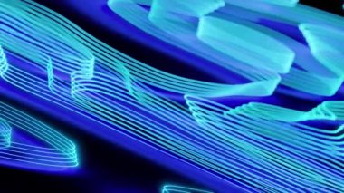 Neon çizgilerin üç boyutlu döngüsü etrafta hareket ediyor ve koyu arkaplanda yeni daireler çiziyor.