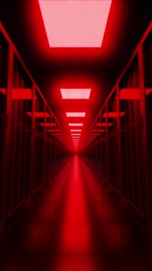 Servers racks in danger in modern server room database illuminated with red neon lights, hacked concept. 3d Animation