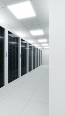 Modern light server room with long corridor between server racks locked behind glass doors