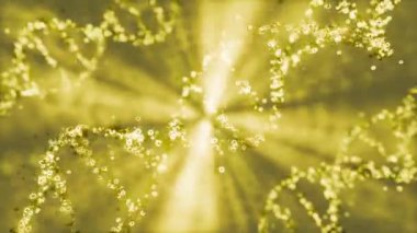 Parlak sarı DNA sarmalında parlayan ışığın 3 boyutlu yansıması bulanık arkaplana karşı döngü içinde hareket ediyor