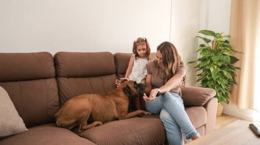 Mutlu Latin anne ve küçük kızı, günlük giysiler içinde tatlı bir boksör köpeğiyle oynuyorlar. Evdeki rahat oturma odasında, kanepede dinleniyorlar.
