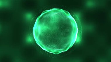 Dijital alan arka planında parlayan noktalar ve enerjiyle soyut parlayan yeşil kürenin 3 boyutlu animasyonu