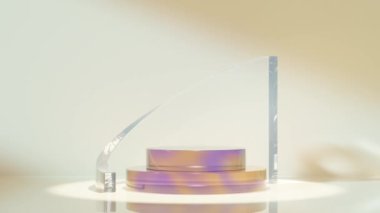Ürün sunumunun 3D görüntülenmesi bulanık duvar yapısı ve çok renkli podyumun etrafına gün ışığında pazarlama için yerleştirilmiş eğri camlara karşı ayakta duruyor