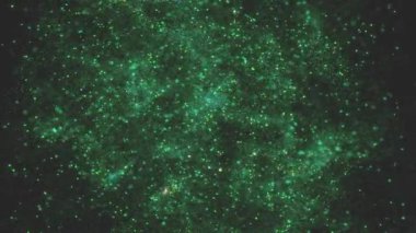 Yeşil parçacıkların siyah arkaplanda aktığı 3 boyutlu resimleme soyut arkaplanı