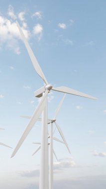 Beyaz rüzgar türbinleri, kısmen bulutlu bir gökyüzünün arka planına karşı yenilenebilir enerji üreterek temiz ve sürdürülebilir enerji üretiyor. 3d hazırlayıcı