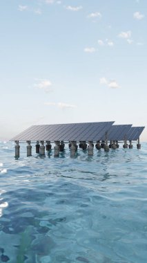 Okyanusta yüzen bir platforma yerleştirilmiş güneş panelleri temiz ve sürdürülebilir enerji üretiyor. 3d hazırlayıcı