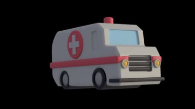 Siyah arka planda dönen beyaz ve kırmızı oyuncak ambulansın minimalist 3D animasyonu