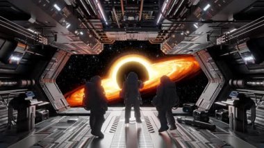 Uzay gemisi penceresinin yanında duran astronot ekibi, bilimsel cazibe ve profesyonel konsantrasyonla devasa kara delikler gizemli olay ufkunu gözlemliyor. 3d hazırlayıcı