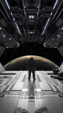 Astronot uzay gemisinin rıhtımında süzülüyor, derin bir kozmik keşif ve bilimsel harikalık hissiyle uzak gezegene dikkatlice bakıyor. 3d hazırlayıcı