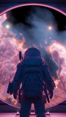 Astronot dairesel bir pencerenin önünde duruyor, derin uzayda canlı bir nebulaya bakıyor. 3d hazırlayıcı